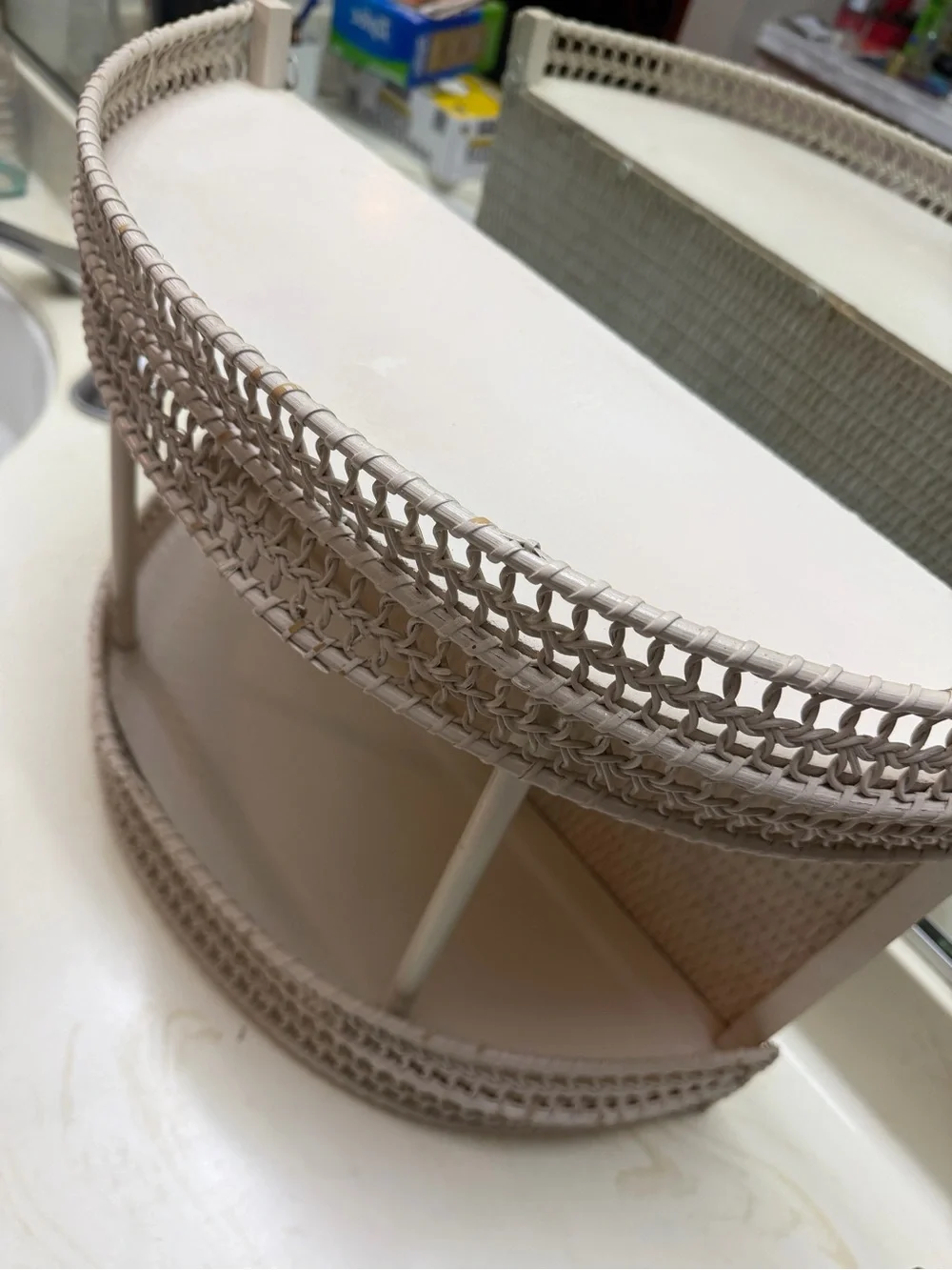 Vintage Curved Woven Wicker Metal 2-Tier Display Shelf Cottage Shabby Chic